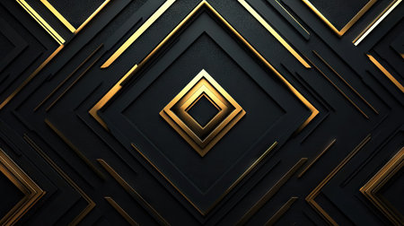 Modern luxury background featuring abstract gold arrows in a geometric pattern on a black blank space, emphasizing futuristic and creative technology concepts.の素材