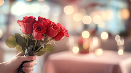 A hand holding a bouquet of red roses, with a blurred background of a romantic Valentine's Day setting and soft pink tones.の素材