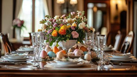 A festive Easter dinner with a centerpiece of colorful eggs, fresh flowers, and bunny decorations, all set in a beautifully decorated dining room.の素材