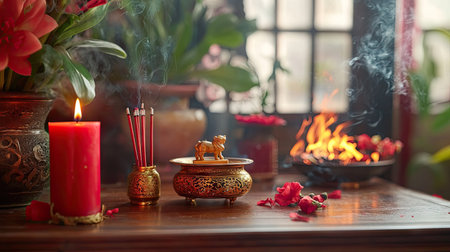 A feng shui-inspired Chinese New Year altar with incense, a red candle, and a small gold statue of a zodiac animal, designed to promote positive energy.の素材