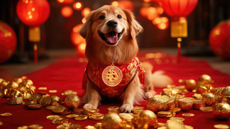 A dog in a Chinese New Year costume with a lucky coin design, sitting on a red carpet surrounded by gold ingots and lanterns.の素材