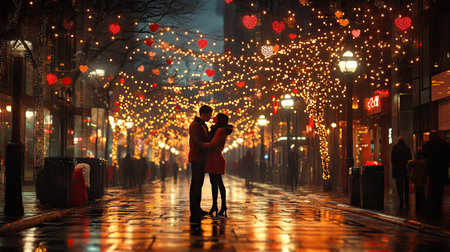 A couple sharing a tender moment under a string of lights on a city street decorated for Valentine's Day.の素材