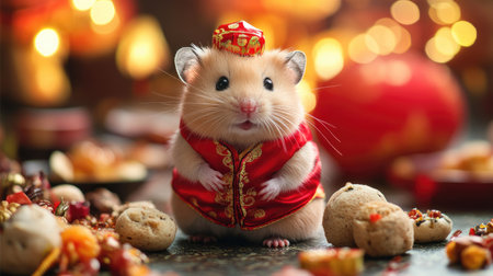 A pet hamster in a tiny Chinese New Year costume, including a red vest and a tiny hat, surrounded by traditional decorations and snacks.の素材