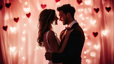 A newlywed couple dancing their first dance at a Valentine's Day wedding, with soft pink lighting and heart-shaped decorations in the background.の素材