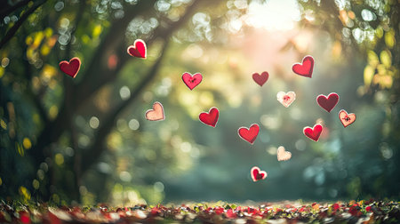 A romantic backdrop featuring red, pink, and white hearts floating across a soft-focus, dreamy atmosphere for Valentine's Day.の素材