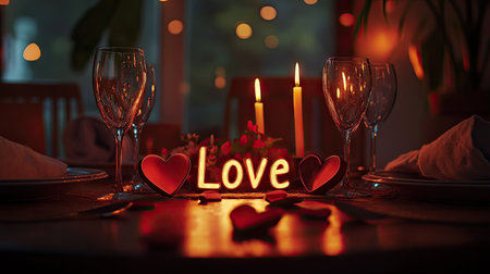 A romantic candlelit dinner table for two, with a Love centerpiece and heart-shaped decorations scattered around.の素材