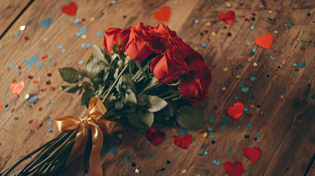 A bouquet of red roses tied with a satin ribbon, resting on a wooden table surrounded by heart-shaped confetti.の素材