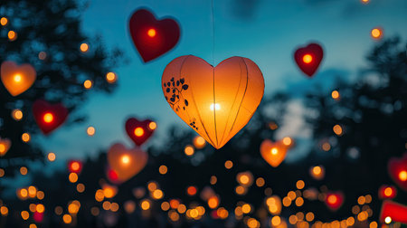 A romantic outdoor setting with heart-shaped paper lanterns floating in the sky, illuminating the night.の素材