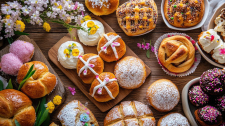 A close-up of Easter brunch pastries like hot cross buns, muffins, and cinnamon rolls arranged on a wooden table with decorative spring elements.の素材