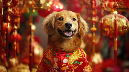A dog in a traditional Chinese New Year costume of a golden phoenix, surrounded by vibrant decorations and hanging ornaments.の素材