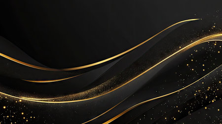 Stylish 3D black background with gold lines curving gracefully and sparkling, perfect for a luxury template design with copy space.の素材