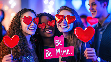 A Valentine's Day-themed photo booth at a party, with guests wearing heart-shaped props, holding signs that say Love and Be Mine.の素材