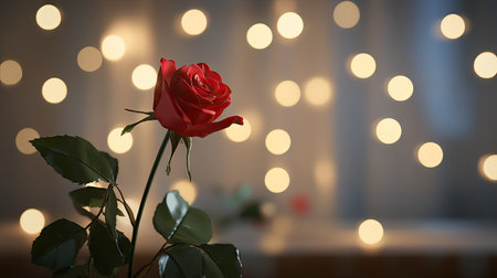 A romantic red rose bouquet with soft bokeh lights in the background, perfect for a Valentine's Day or anniversary celebration.の素材