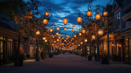 A street illuminated by rows of glowing artisanal Chinese New Year lanterns, creating a warm and festive atmosphere at dusk.の素材
