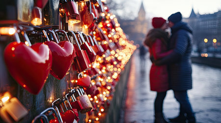 A couple exchanging red heart-shaped love locks at a bridge, symbolizing their everlasting love.の素材