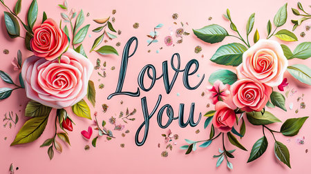 A banner with Love You in hand-lettered cursive, adorned with roses, glitter, and a soft pink background.の素材