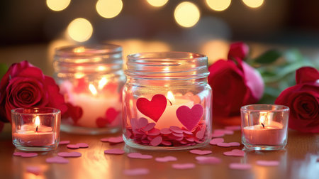 A romantic table centerpiece with glass jars filled with heart-shaped confetti, pink candles, and small red roses.の素材