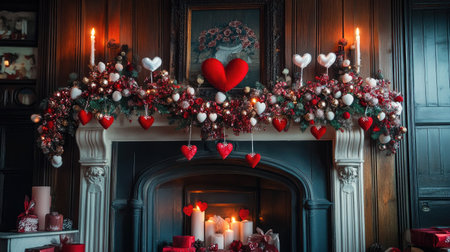 A fireplace mantel decorated with red, white, and pink garlands, heart-shaped ornaments, and candles for a festive look.の素材