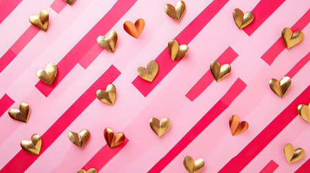 A pink and red striped background with gold foil hearts scattered across, giving a modern and festive Valentine's Day feel.の素材