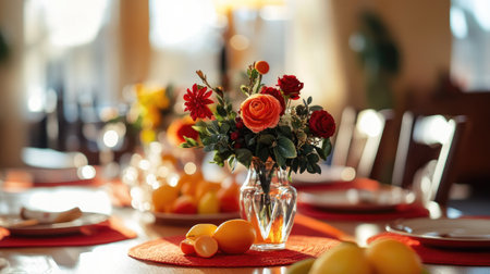 A dining table decorated for Chinese New Year using feng shui principles, with red placemats, fresh fruit, and a vase of flowers for prosperity and good health.の素材