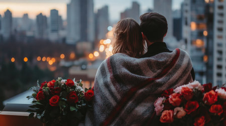 A pair wrapped in a blanket, sitting on a balcony with a stunning city view and Valentine's Day flowers beside them.の素材