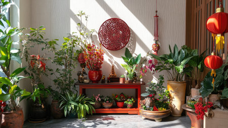 A feng shui-inspired corner of a Chinese New Year celebration, with carefully arranged plants, red accents, and auspicious symbols to promote wealth and happiness.の素材