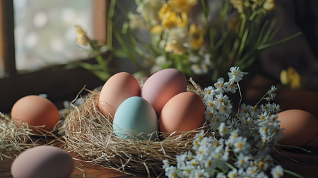 A set of pastel-colored Easter eggs nestled in a nest of soft straw, with a few scattered around the table and fresh flowers in the background.の素材