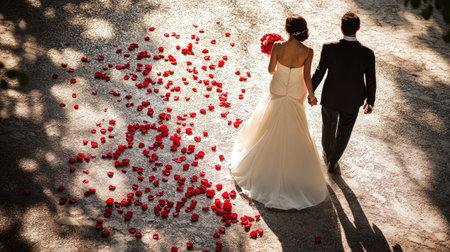 A romantic Valentine's Day wedding photo of the bride and groom walking hand-in-hand, with rose petals scattered on the ground.の素材