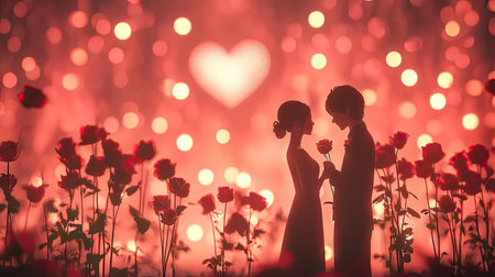 A romantic setting with a couple exchanging roses, soft pink lighting in the background, and a heart-shaped bokeh effect.の素材
