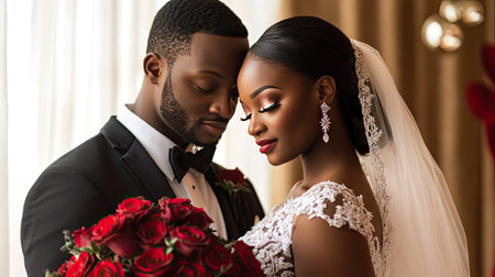 A bride and groom sharing a romantic moment at their Valentine's Day wedding, with the bride holding a bouquet of roses and gazing at her groom.の素材