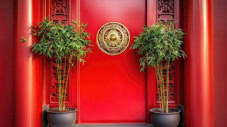 A Chinese New Year entryway adorned with feng shui elements, including a lucky bamboo plant, red door decorations, and auspicious symbols to invite good fortune.の素材