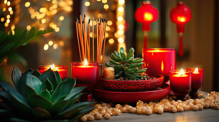 A calming feng shui Chinese New Year meditation space with candles, incense, jade plants, and red and gold decorations to attract wealth and good fortune.の素材