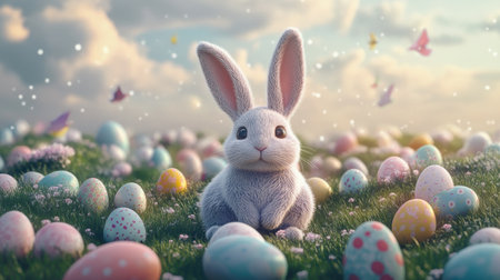 A cheerful Easter bunny with large, floppy ears, sitting on a patch of grass surrounded by a variety of Easter eggs in pastel colors.の素材