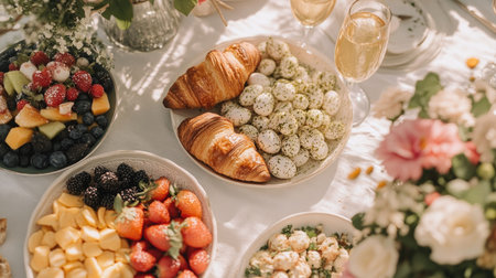 A close-up of a delicious Easter brunch spread with freshly baked croissants, scrambled eggs, fruit platters, and mimosas on a sunlit tableの素材