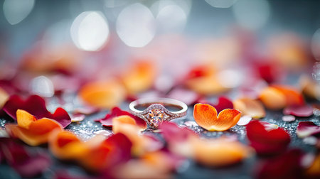 A close-up of an engagement ring being presented with a background of scattered rose petals and heart-shaped confetti.の素材