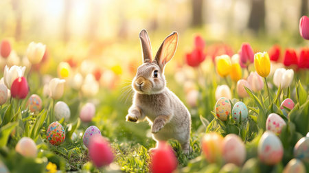 A cheerful Easter bunny hopping through a field of tulips, with colorful eggs scattered around and the sun shining brightly.の素材