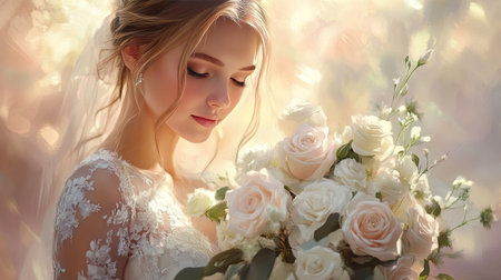 A bride holding a stunning wedding rose bouquet of white and blush pink roses, with delicate greenery and a soft-focus wedding background.の素材