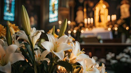 A close-up of a church altar decorated with lilies and candles, with a Bible open and Easter-themed decorations adding to the reverence of the service.の素材