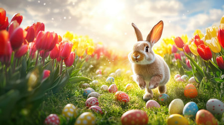 A cheerful Easter bunny hopping through a field of tulips, with colorful eggs scattered around and the sun shining brightly.の素材