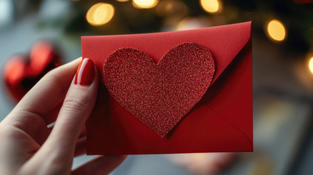 A close-up of a Valentine's Day card in a person's hand, featuring a bright red envelope and a glittery heart design.の素材