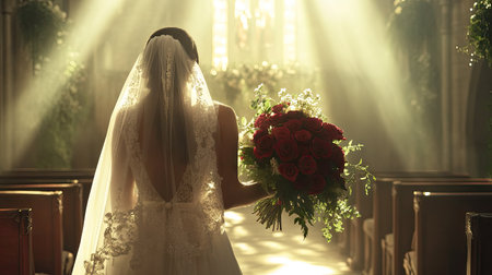 A bride walking down the aisle, holding a luxurious bouquet of wedding roses in deep red and ivory, with sunlight filtering through the venue.の素材