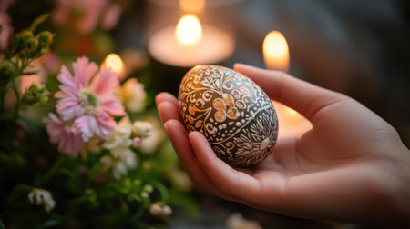A close-up of a hand gently holding a beautifully decorated Easter egg with intricate designs, surrounded by flowers and soft candlelight.の素材
