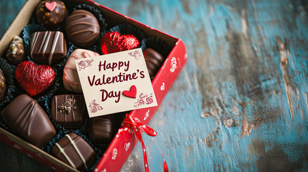 A box of assorted chocolates with red wrapping and a small handwritten "Happy Valentine's Day card placed on a rustic surface.の素材