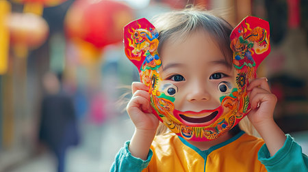 A child proudly holding up their handmade Chinese New Year mask, decorated with bright colors and zodiac animal designs.の素材