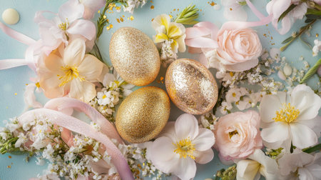 A creative display of Easter eggs decorated with gold leaf, glitter, and ribbons, surrounded by soft spring flowers and a pastel-colored backdrop.の素材