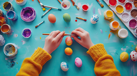 A child hands carefully painting Easter eggs with bright colors, surrounded by paints, brushes, and small decorations, preparing for the holiday.の素材