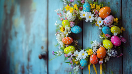 A close-up of an Easter-themed wreath made of colorful eggs, ribbons, and flowers, hanging on a wooden door with a festive spring vibe.の素材