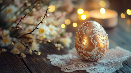 A close-up of a decorative Easter egg centerpiece on a wooden table, with delicate lace, flowers, and soft candlelight creating a festive atmosphere.の素材