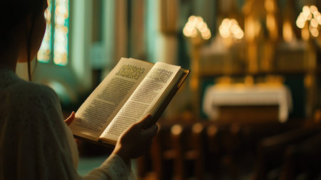 A close-up of an Easter Sunday service program held by a worshipper, with a focus on the text and a soft church background in the distance.の素材