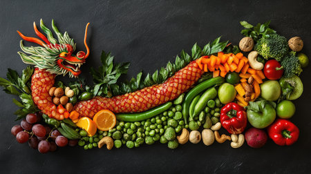 A creative vegan platter shaped like a dragon, featuring vegetables, fruits, and nuts, perfect for a Chinese New Year celebration.の素材